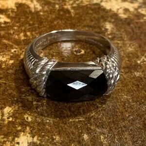 Judith Ripka Ring Size 9 Sterling Silver and Black Onyx with Roping & Lines